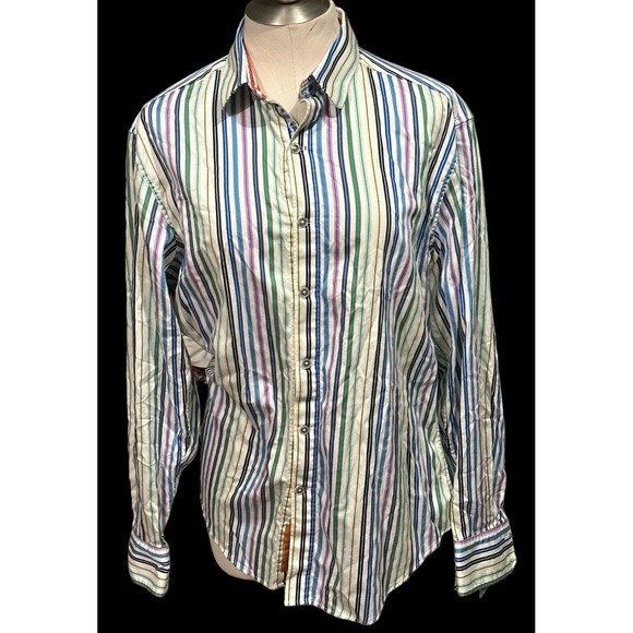 Robert Graham Long Sleeve Multi Color Striped Blue Orange Stripe Flip‎ Cuff Sz L - Picture 6 of 6